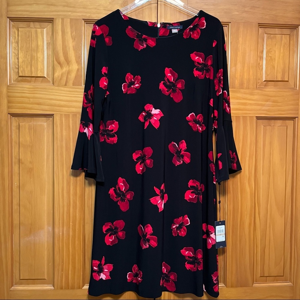 Tommy Hilfiger Black/Red Floral Bell Sleeve Dress Size 12 NWT
